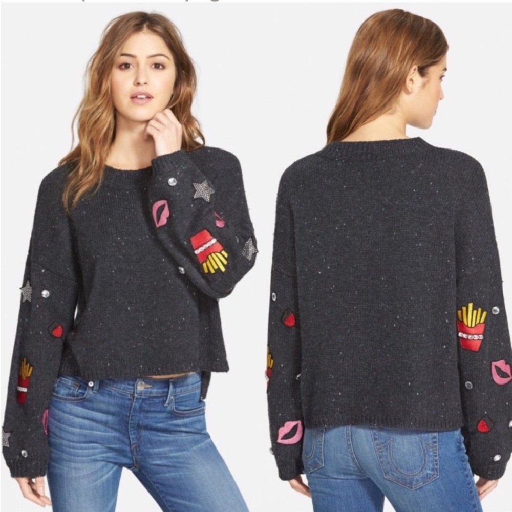 Wildfox Emoji Fries Kisses Rhinestone Oversized Charcoal Sweater XS Y2K